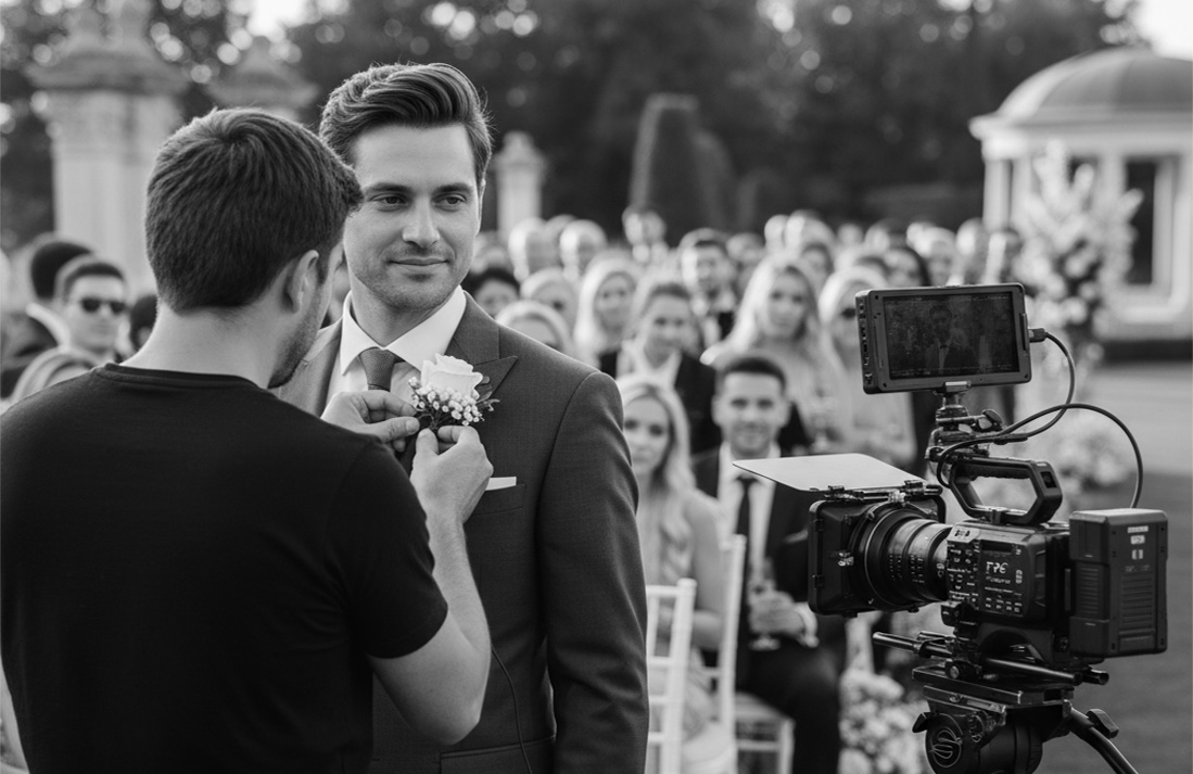 Attaching lavalier microphone to groom at wedding