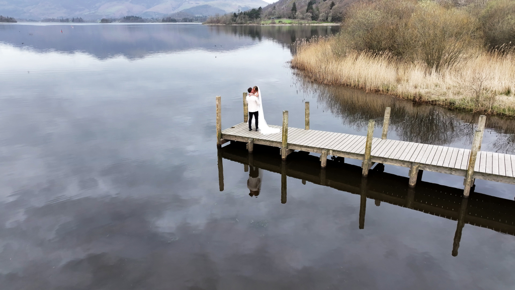 Wedding drone at Ladore Falls, Lake District, Couple shoot