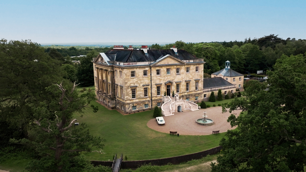 Aerial view of Botleys Mansion on a sunny day
