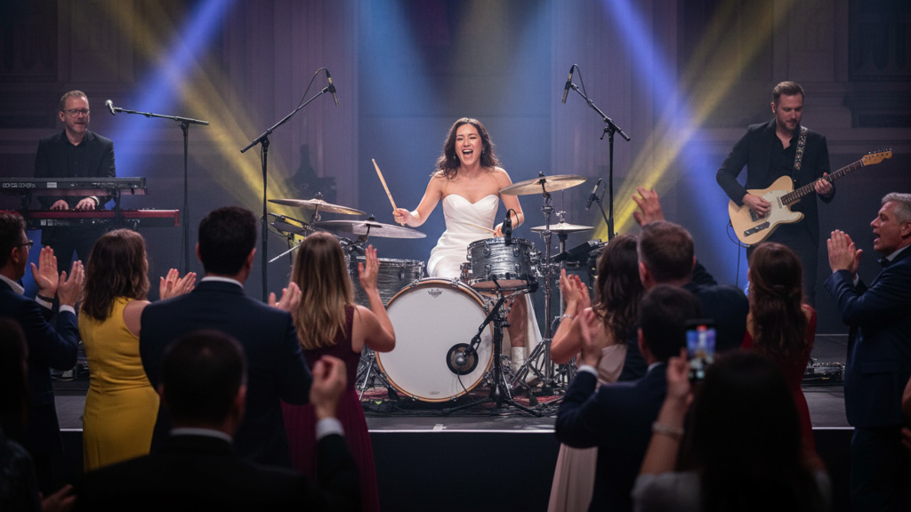 Bride playing drums in a band at her wedding reception in London