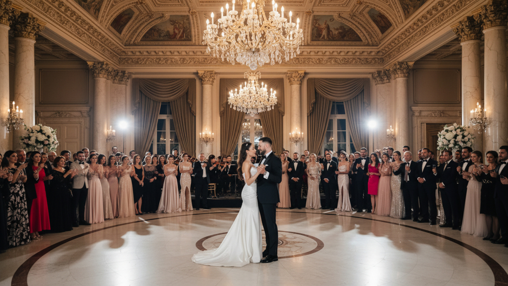 Wedding couple have their first dance at the grand ballroom in London
